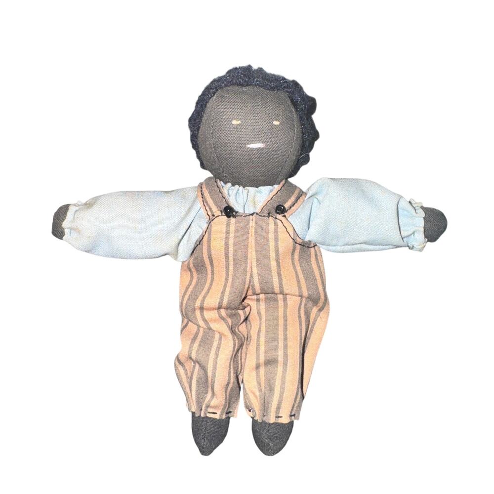 Vtg Primitive Folk Art Cloth Doll Hand Made Americana Man Overalls Small